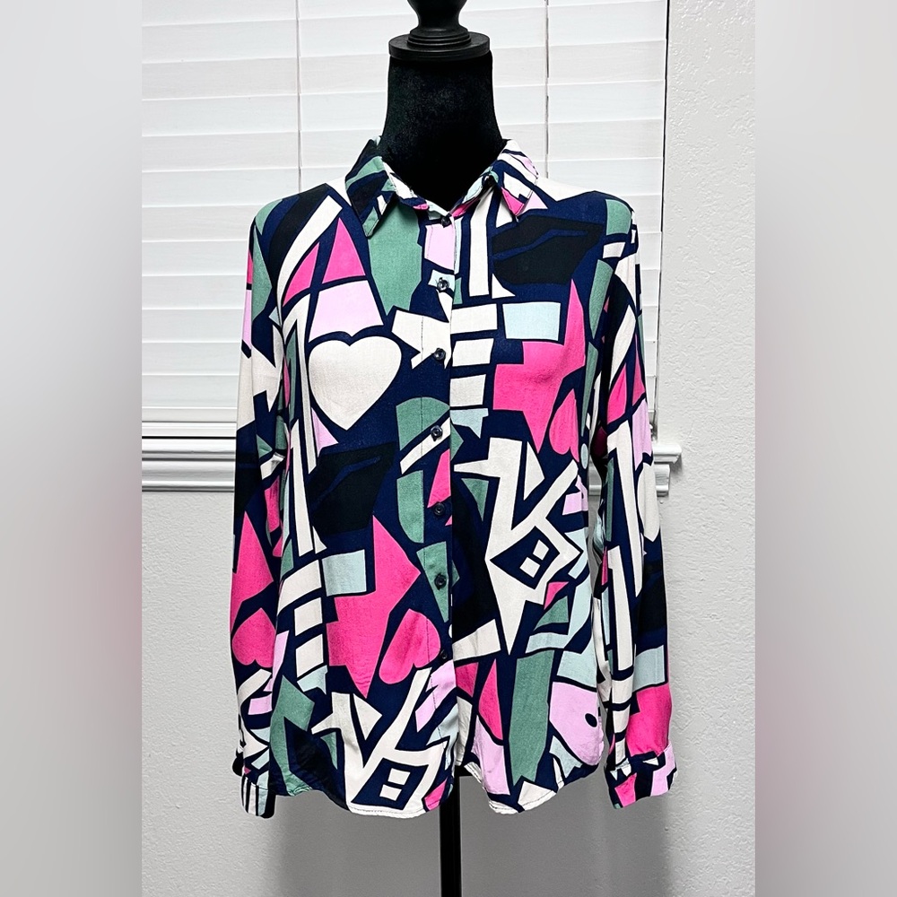Geometric Print Blouse - Pink, Blue, Green Sz 40 Euro Sz 12UK